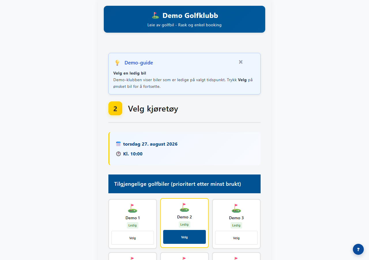 Steg 2 i Golfbilbooking med tilgjengelige golfbiler