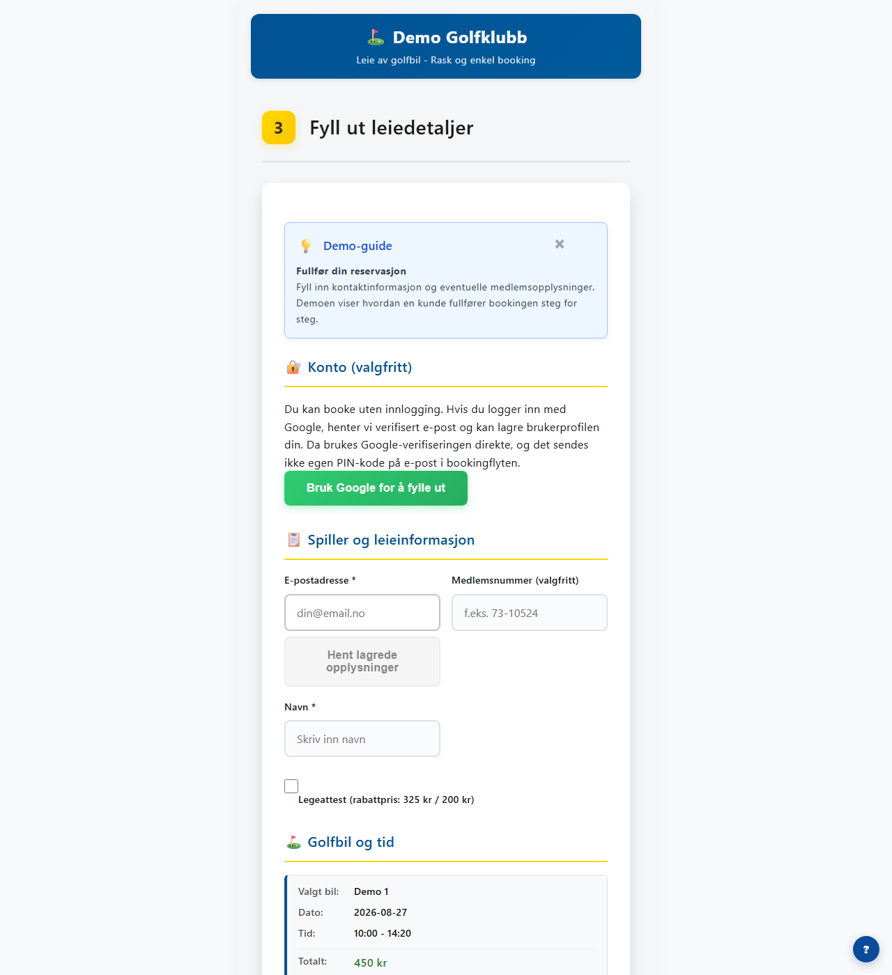 Steg 3 i Golfbilbooking med leiedetaljer og oppsummering