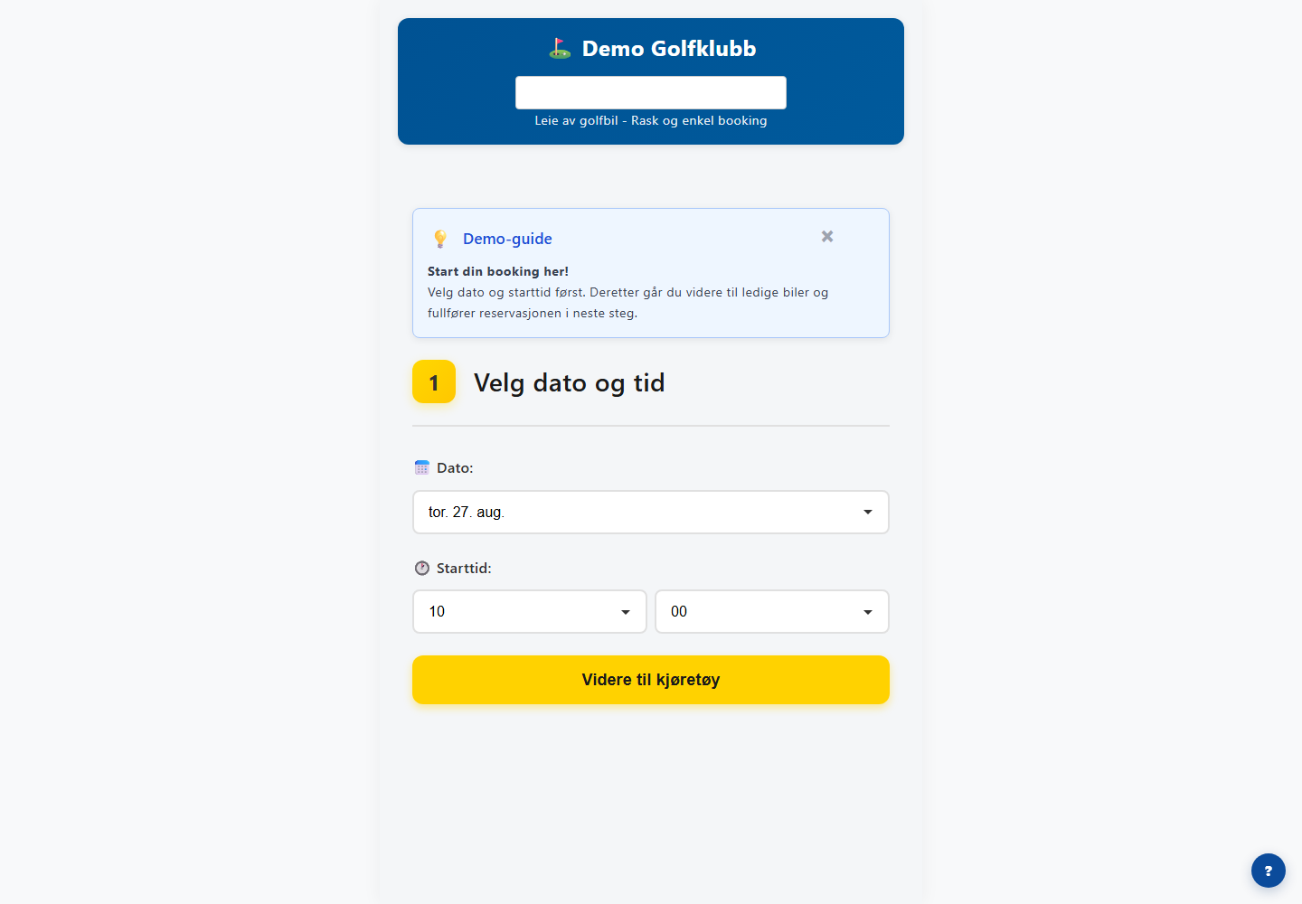 Steg 1 i Golfbilbooking med valg av dato og starttid